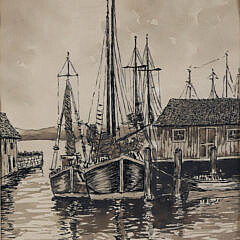 Jos. Mahoney Nantucket Vintage Ink and Watercolor “Harbor View”