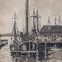 Jos. Mahoney Nantucket Vintage Ink and Watercolor “Harbor View”