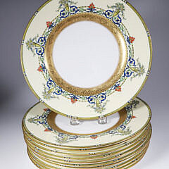 Set Of Twelve 22k Gold And Enamel Over Glazed Royal Worcester Dinner Plates