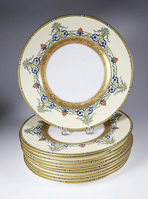 Set Of Twelve 22k Gold And Enamel Over Glazed Royal Worcester Dinner Plates