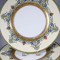 Set Of Twelve 22K Gold And Enamel Over Glazed Royal Worcester Dinner Plates