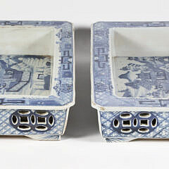 Pair of Antique Chinese Blue and White Porcelain Narcissus Flower Pots, 19th Century