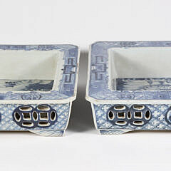 Pair of Antique Chinese Blue and White Porcelain Narcissus Flower Pots, 19th Century