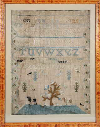 1789 Sampler Animals Around a Flourishing Tree in Birds Eye Maple Frame