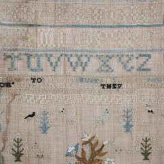 1789 Sampler “Animals Around a Flourishing Tree” in Bird’s Eye Maple Frame