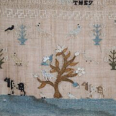 1789 Sampler “Animals Around a Flourishing Tree” in Bird’s Eye Maple Frame
