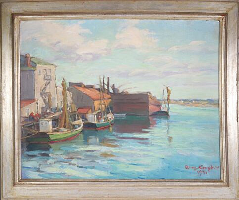 Anne Ramsdell Congdon Oil On Masonite "Island Service Wharf, Scene With Vessels, Nantucket, 1941"