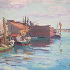Anne Ramsdell Congdon Oil On Masonite “Island Service Wharf, Scene with Vessels, Nantucket, 1941”