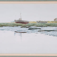 Geof Butts Watercolor “Marsh Scape with Boats and Seaside Homes”