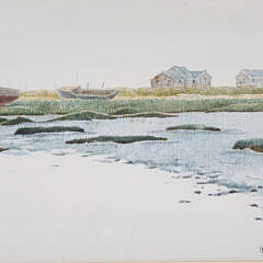 Geof Butts Watercolor “Marsh Scape with Boats and Seaside Homes”