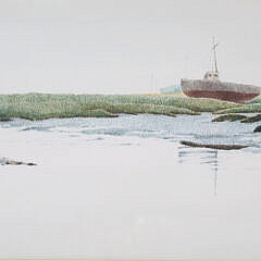 Geof Butts Watercolor “Marsh Scape with Boats and Seaside Homes”