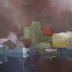 Philip Burnham Hicken Acrylic On Canvas “City Port #2, 1983”