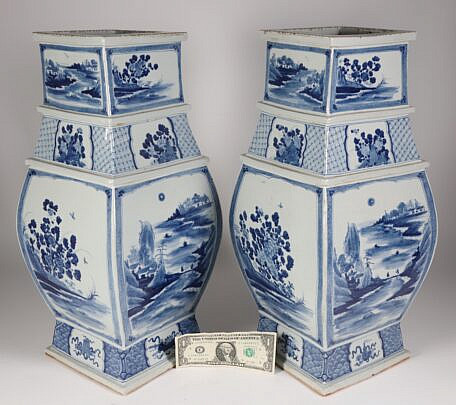 Pair of Large Antique Chinese Blue and White Canton Vases 19th Century