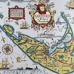 Tony Sarg Framed Silk Scarf “Map of Nantucket Island with Historical Landmarks”, 20th Century