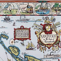 Tony Sarg Framed Silk Scarf “Map of Nantucket Island with Historical Landmarks”, 20th Century