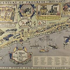 Vintage Tony Sarg Birds Eye View Pictorial Chicago Worlds Fair Chromolithograph Map, circa 1933