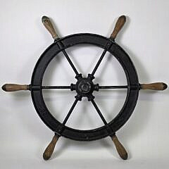 Vintage 6-Spoke Steel and Oak Ships Steering Wheel, 20th century
