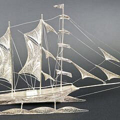 925 Sterling Silver Filigree Three Master Clipper Ship Model, 20th century