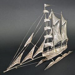 925 Sterling Silver Filigree Three Master Clipper Ship Model, 20th century