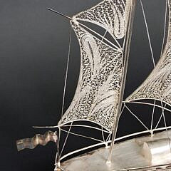 925 Sterling Silver Filigree Three Master Clipper Ship Model, 20th century
