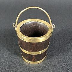 Antique English Brass Bound Miniature Treenware Peat Bucket