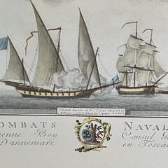 Antique Hand Colored, “Combats Navals”, Lithograph, 18th century