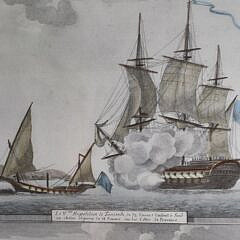 Antique Hand Colored, “Combats Navals”, Lithograph, 18th century
