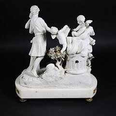 French Bisque and Marble Figural Mantel Clock, circa 1820-40