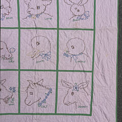Vintage Pink and Green Animal Embroidered Crib Quilt, circa 1940s
