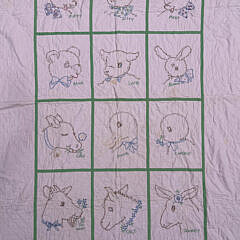 Vintage Pink and Green Animal Embroidered Crib Quilt, circa 1940s