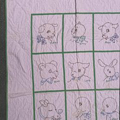 Vintage Pink and Green Animal Embroidered Crib Quilt, circa 1940s