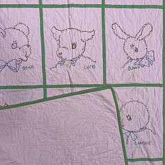 Vintage Pink and Green Animal Embroidered Crib Quilt, circa 1940s