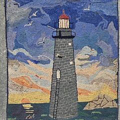 Extraordinary Pictorial Hand Hooked Rug, “Minot Light Cohasset”, circa 1936