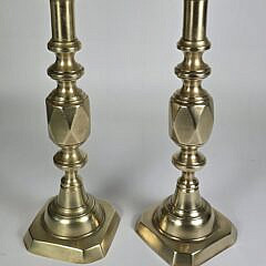 Scarce Pair of English Brass, “Ace of Diamonds”, Hexagonal Pushup Candlesticks, 19th century
