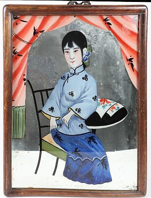 Chinese Reverse Painting On Mirror Of A Geisha