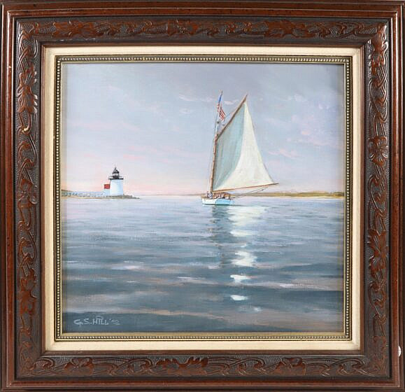 G.S. Hill Oil On Panel "Sunset And The Endeavour Rounding Brant Point"