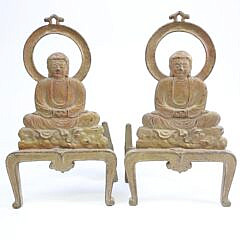 Pair Of Vintage Gilt Iron Japanese Buddha Andirons, circa 1920s