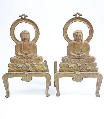 Pair Of Vintage Gilt Iron Japanese Buddha Andirons, circa 1920s