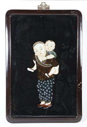 Contemporary Chinese Reverse Painting On Glass "Mother And Child"