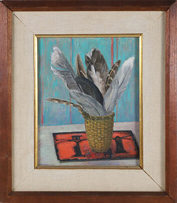 Elizabeth Saltonstall Oil On Board "Basket Of Feathers"