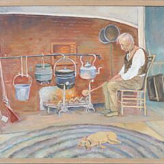 Edith Yager Oil On Canvas "Interior Scene At The Hearth"