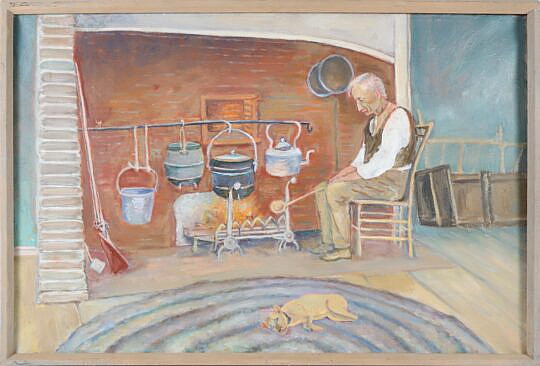 Edith Yager Oil On Canvas "Interior Scene At The Hearth"