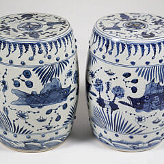 Pair of Canton Style Blue and White Porcelain Garden Stools with Fish Decorations