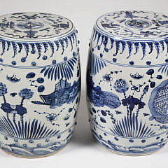 Pair of Canton Style Blue and White Porcelain Garden Stools with Fish Decorations