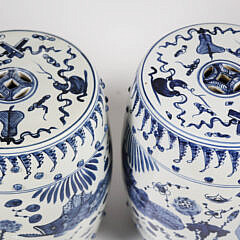 Pair of Canton Style Blue and White Porcelain Garden Stools with Fish Decorations