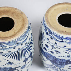 Pair of Canton Style Blue and White Porcelain Garden Stools with Fish Decorations