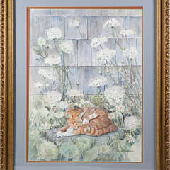 Barbara Van Winkelen Watercolor On Paper "Tabby Cat sleeping Amongst Queen Anne