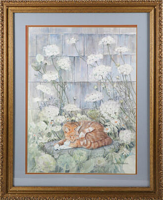 Barbara Van Winkelen Watercolor On Paper "Tabby Cat sleeping Amongst Queen Anne