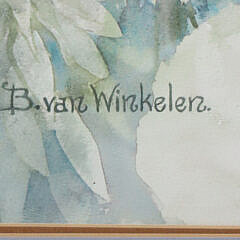 Barbara Van Winkelen Watercolor On Paper “Tabby Cat Sleeping Amongst Queen Anne’s Lace”