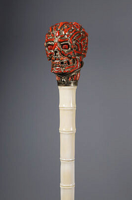 Silver And Coral Skull Grip Walking Stick
